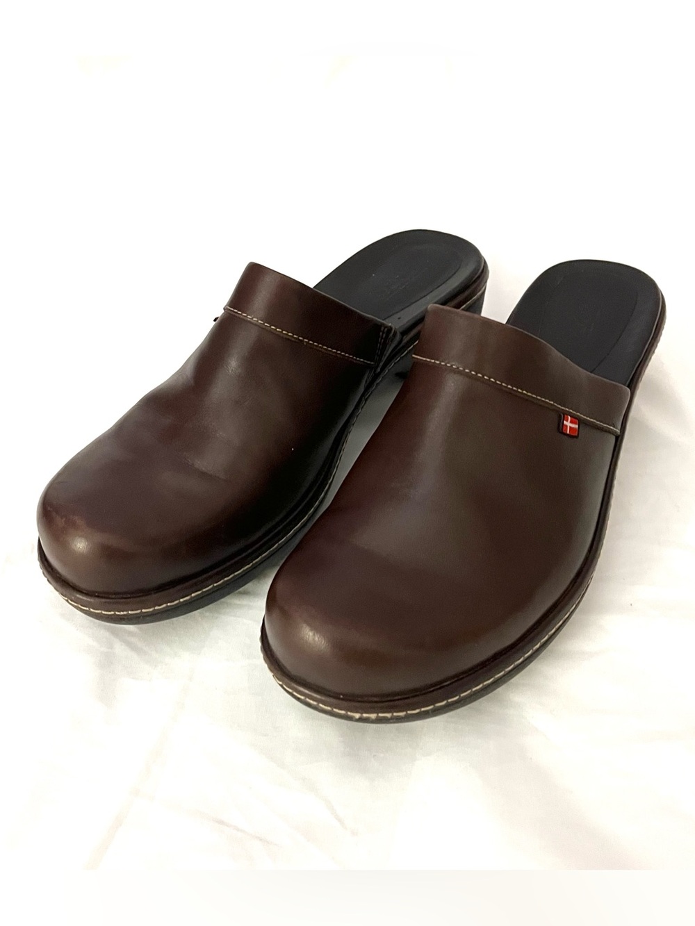 ECCO Danish Design Brown Leather Clogs Mules Danish Flag Comfort Shoes 38 7 7.5